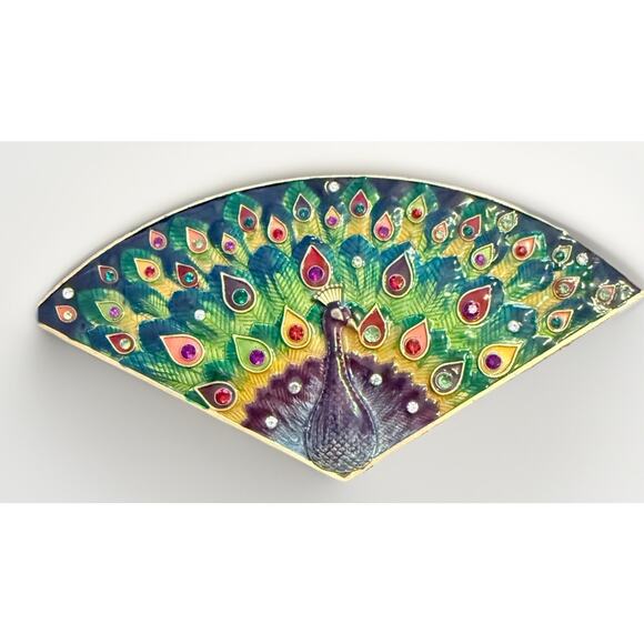 Peacock Jewelry Heavy Gold Trinket Box Colorful Enameled Jeweled 7 In - Picture 1 of 13